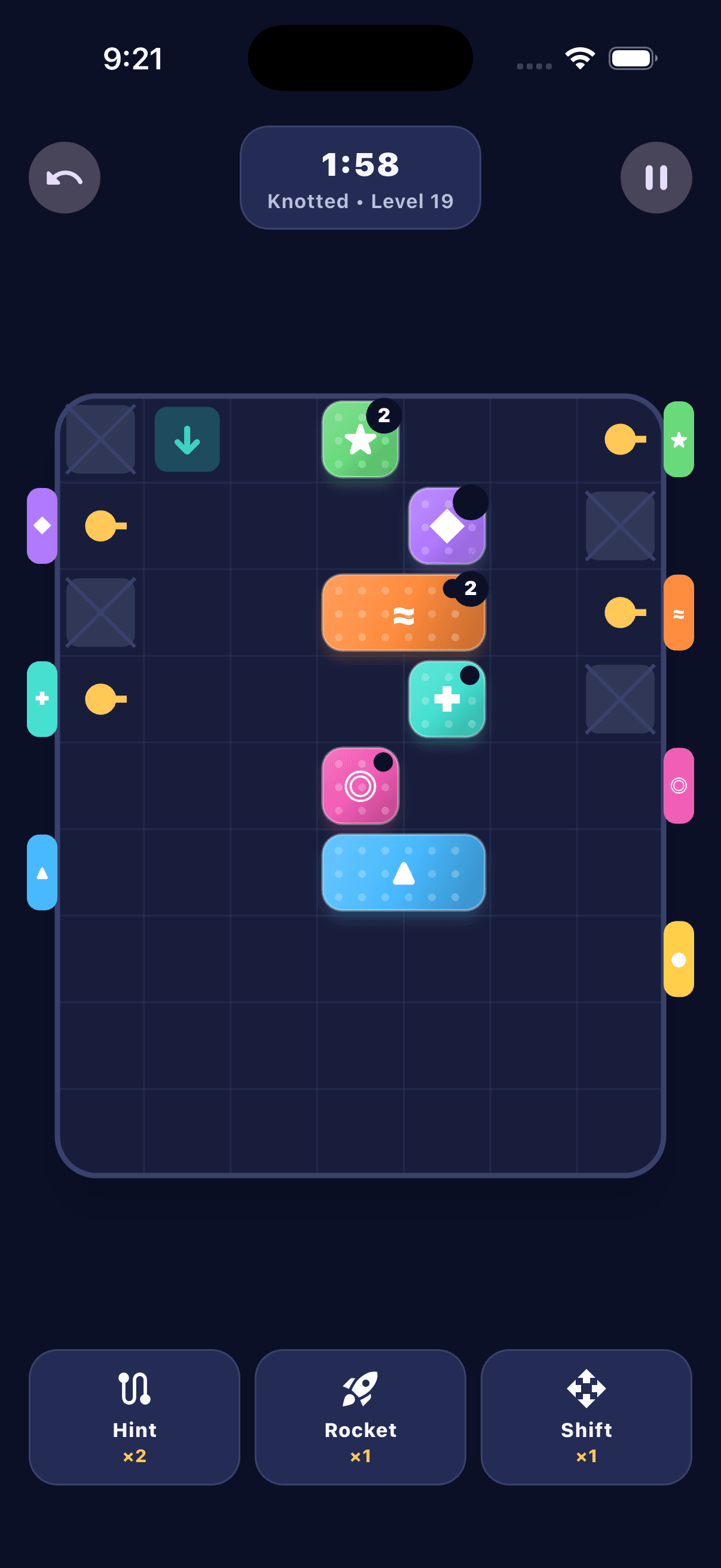 Prism Paths level 19 with symbol prisms, gates, timer, and boosters