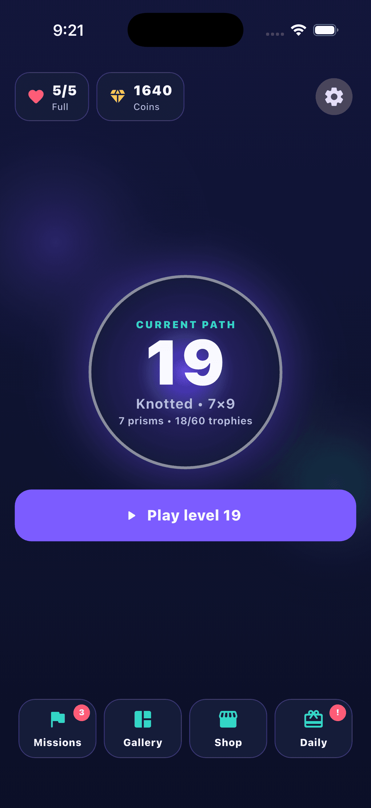Prism Paths home screen with level progress, hearts, coins, and centered actions